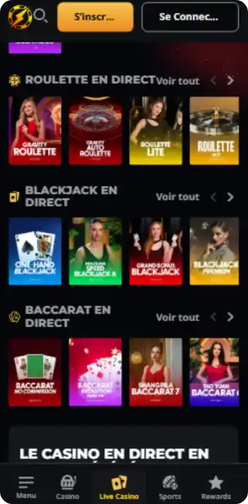 Tables de roulette, blackjack et baccarat en direct sur Instant Casino