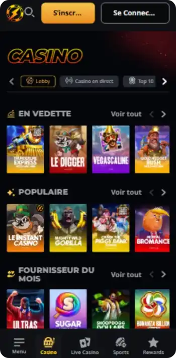 Lobby du casino avec les machines à sous populaires d'Instant Casino