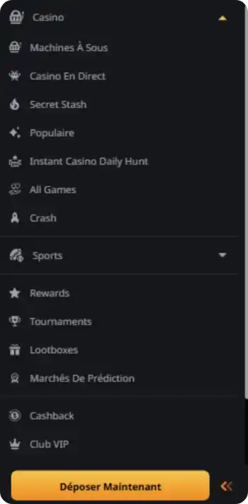 Menu de navigation avec les sections casino, sports et Club VIP d'Instant Casino