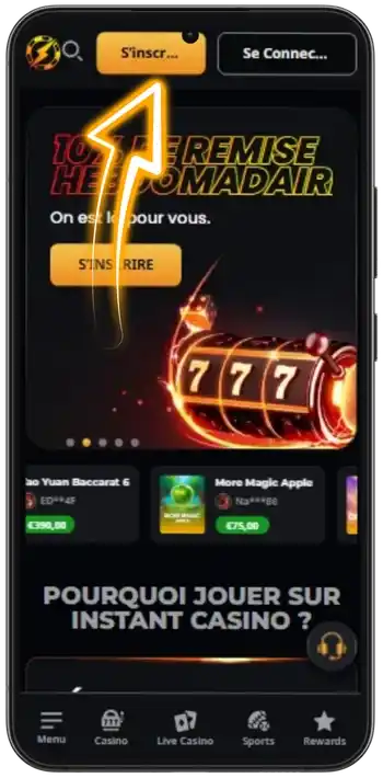 Clicking the sign-up button on the Instant Casino homepage