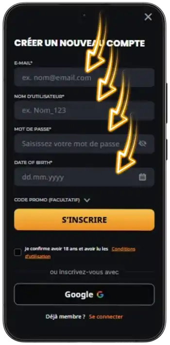 Filling in the new account form on Instant Casino