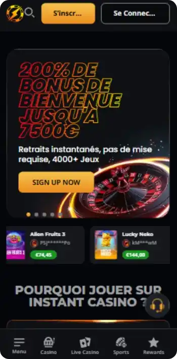 Bonus de bienvenue de 200 % jusqu'à 7500 € sur Instant Casino